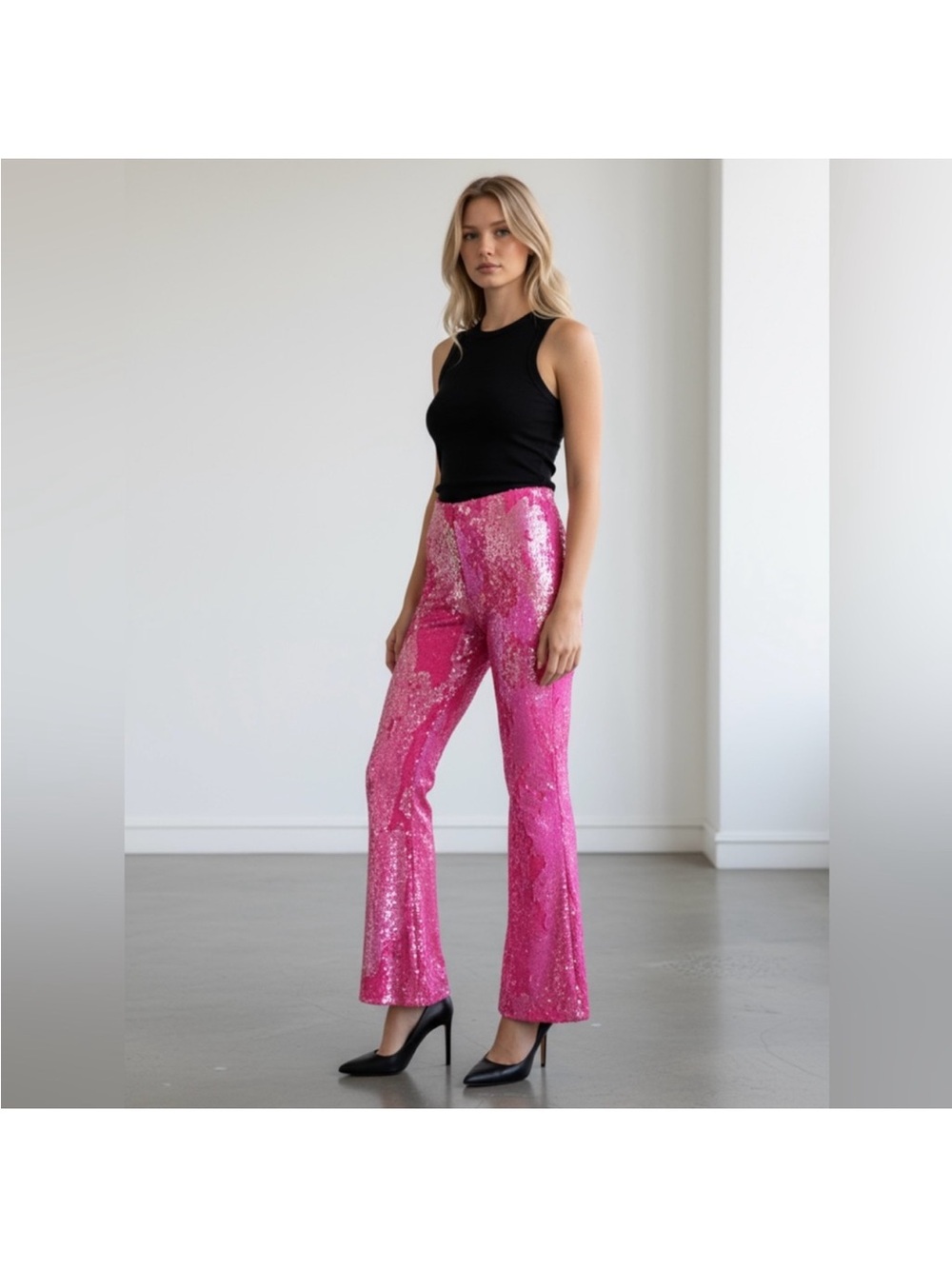 Iridescent Hot Pink Sequin Flare Pants - Picture 5 of 7